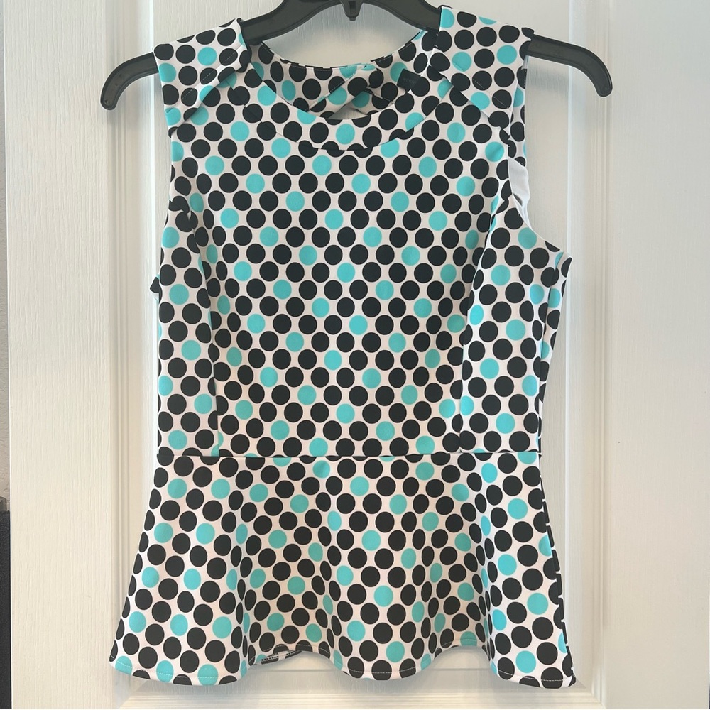 Worthington Dark Blue and Aqua Polka Dot Peplum Blouse Fun & Flirty Boho Chic